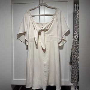 Cream Tie-Front Flutter Sleeve Dress